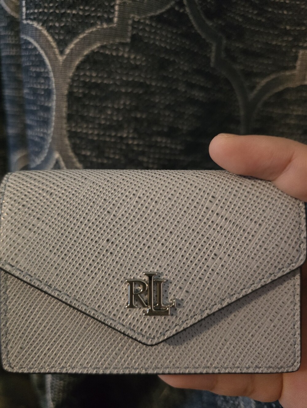 Small Lauren Ralph Lauren Crosshatch Leather Flap Card Case Cornflower Blue - Picture 5 of 5